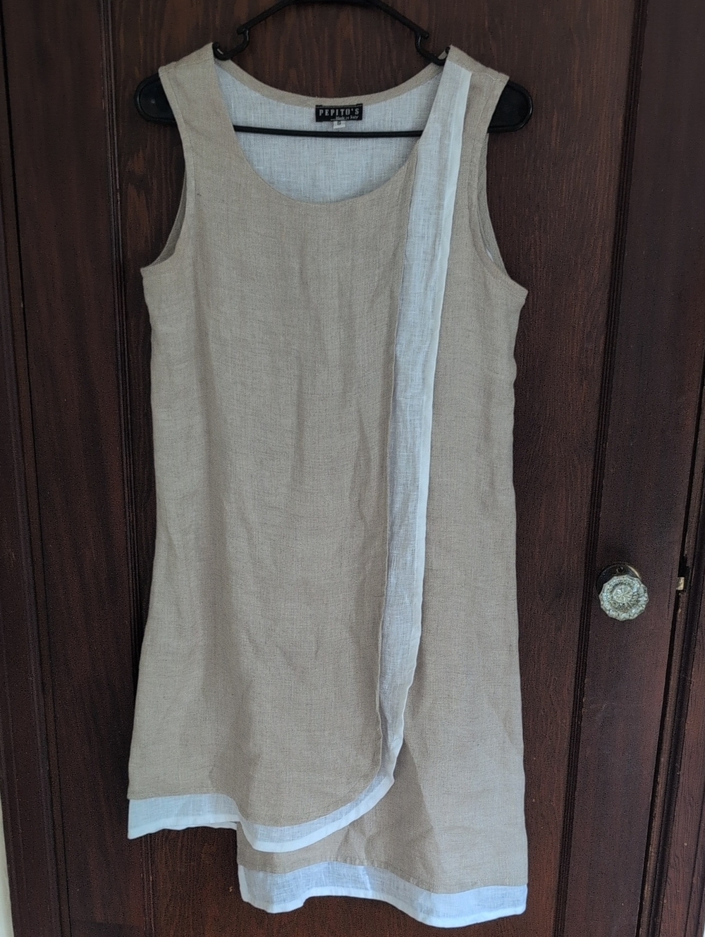 Pepito's Beige Linen Shift Dress with White Trim Accent